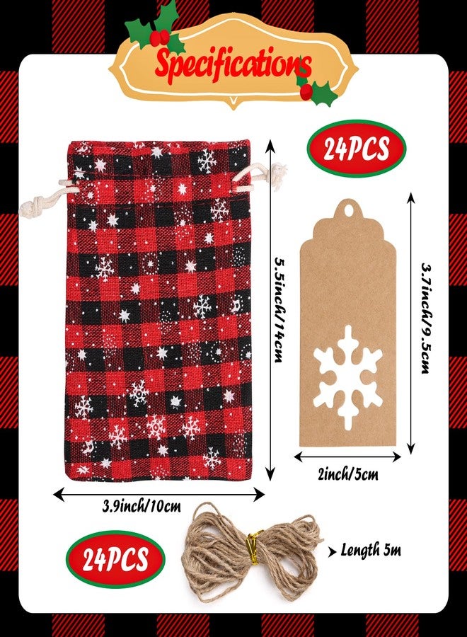 FOIMAS 24pcs Christmas Buffalo Plaid Drawstring Bag Xmas Snowflake Line Plaid Gift Treat Bags with Kraft Gift Tags for Christmas Gift Wrapping Party Favor Supply，Red - Image 2
